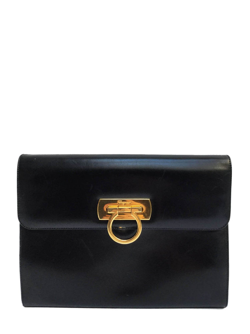 Black Leather Gancini Flap Clutch Bag Gold Hardware-designer resale