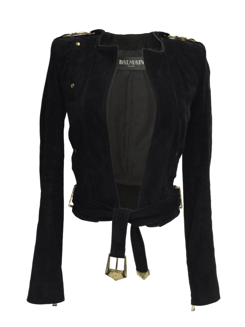 Black Leather Suede Moto Jacket Gold Epaulets-designer resale