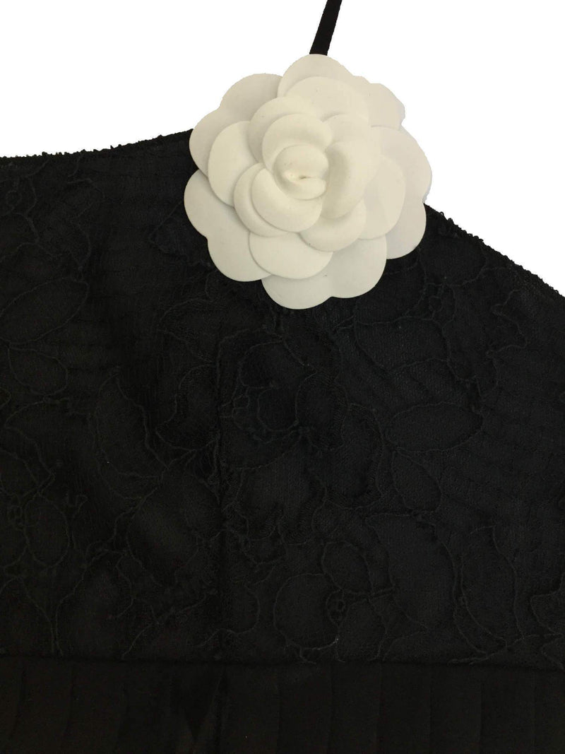 Black Pleated Silk Lace Camellia Top-designer resale