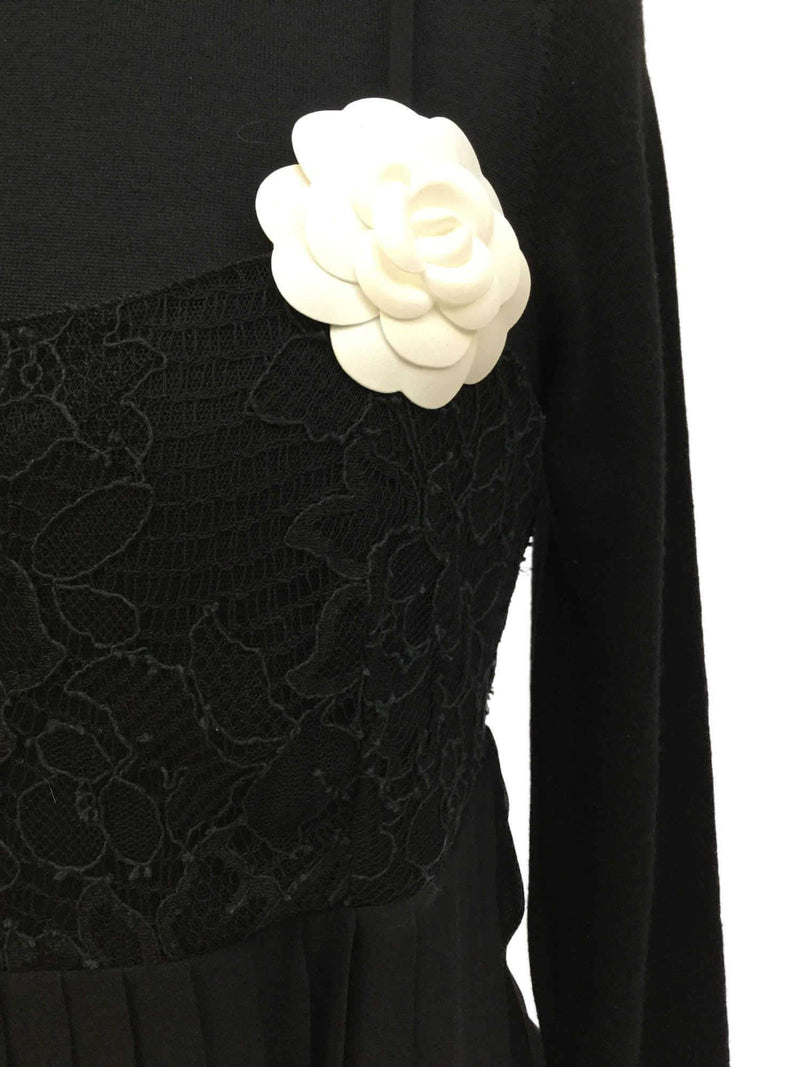 Black Pleated Silk Lace Camellia Top-designer resale