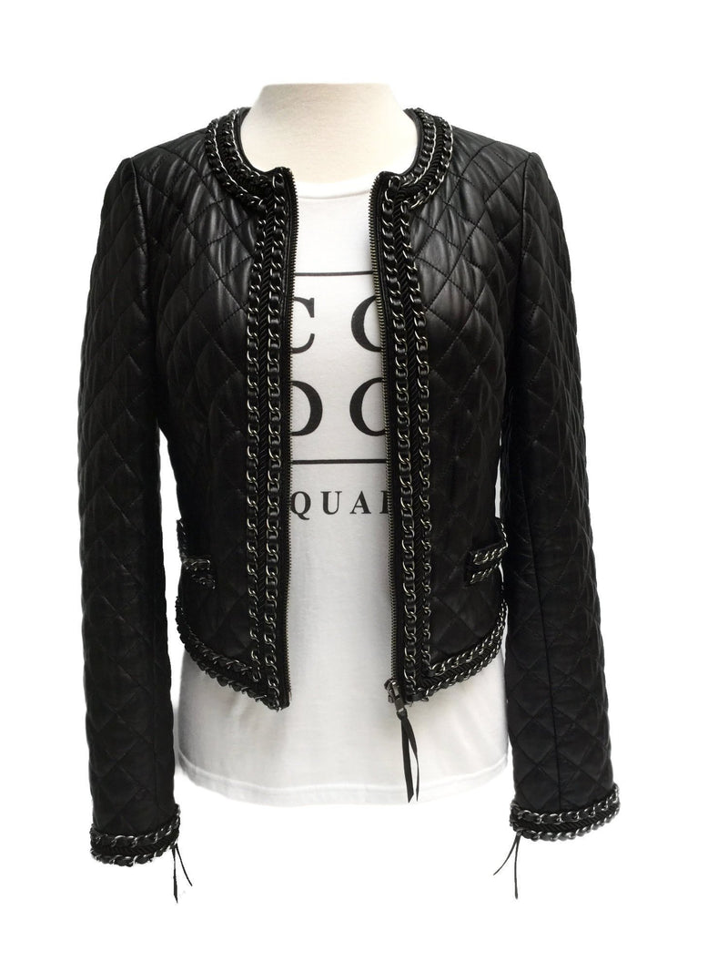 Black Quilted Leather Biker Jacket with Chain Trim Around