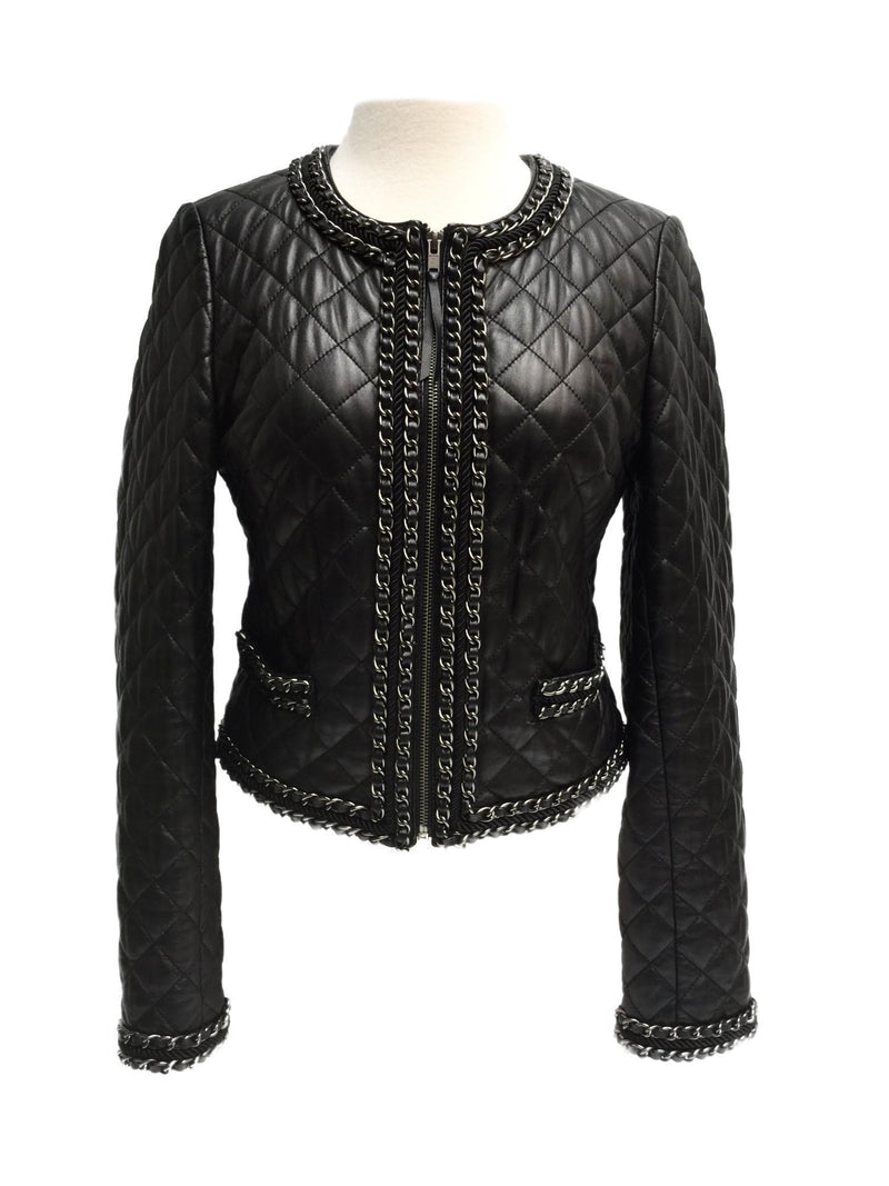 Black Quilted Leather Biker Jacket with Chain Trim Around-designer resale