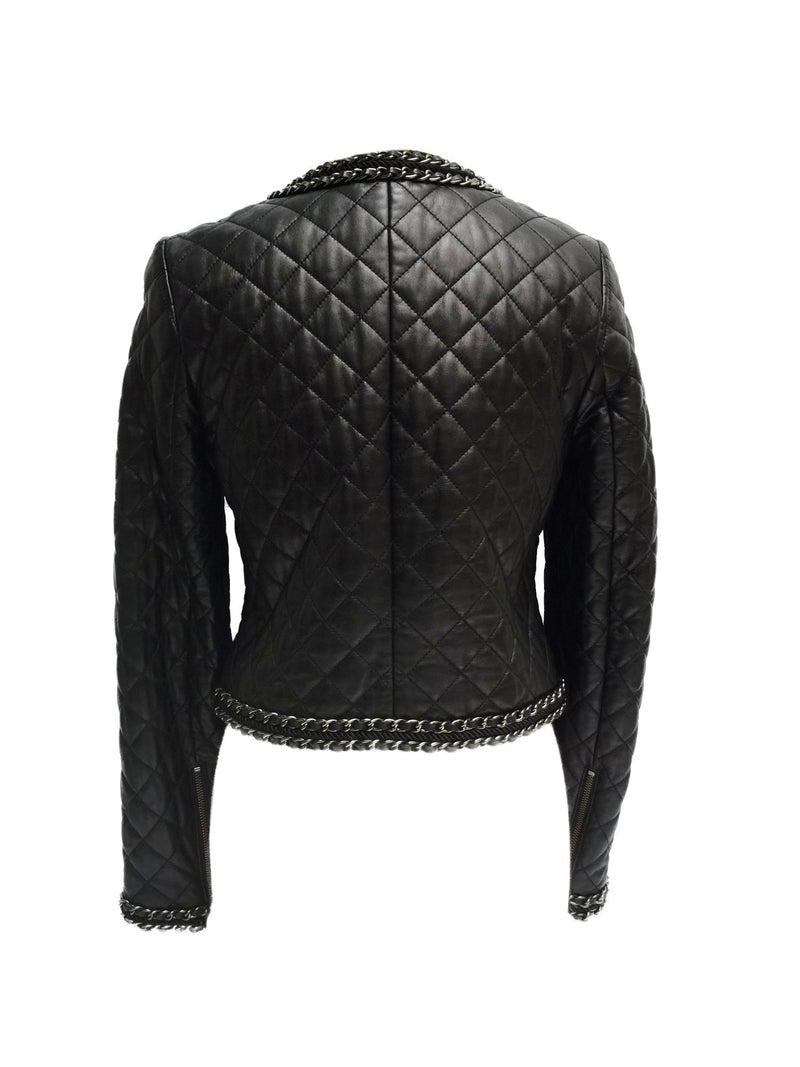 Black Quilted Leather Biker Jacket with Chain Trim Around-designer resale
