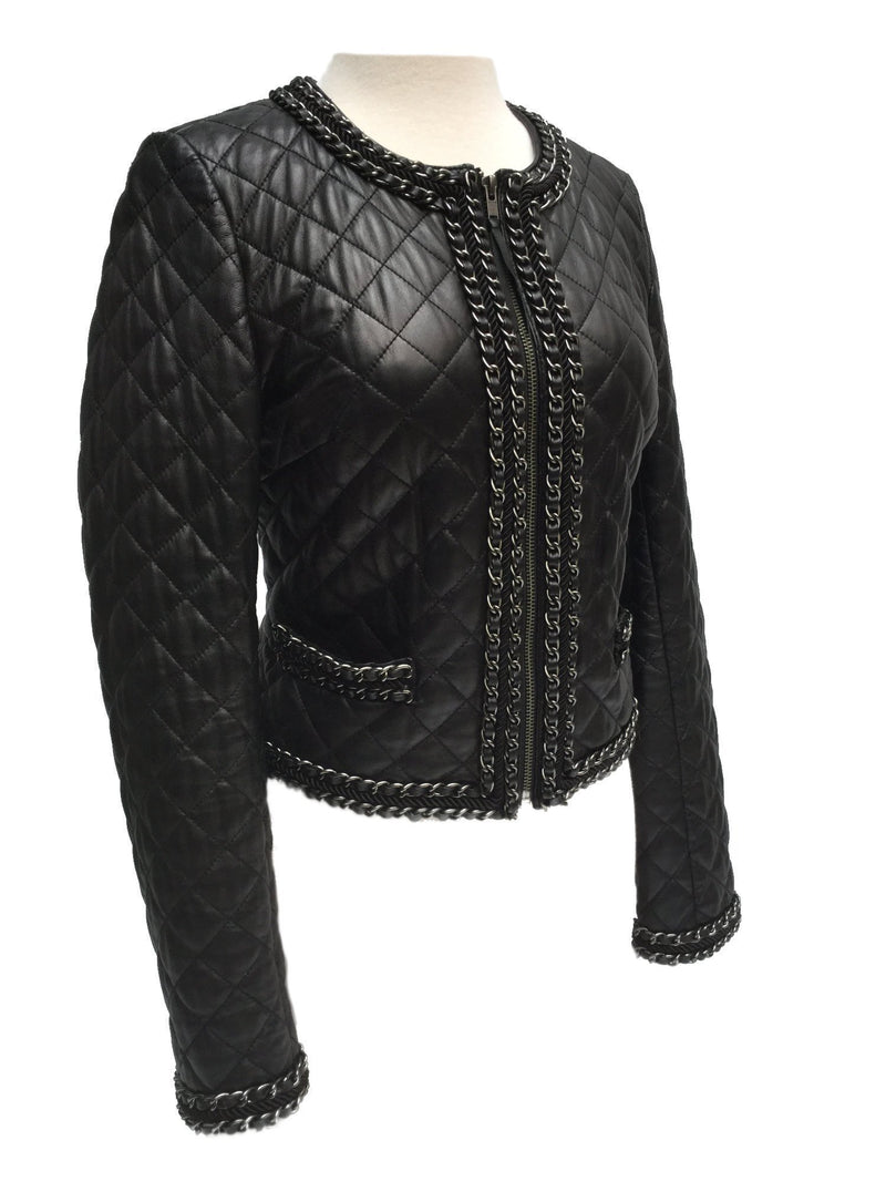 Black Quilted Leather Biker Jacket with Chain Trim Around-designer resale