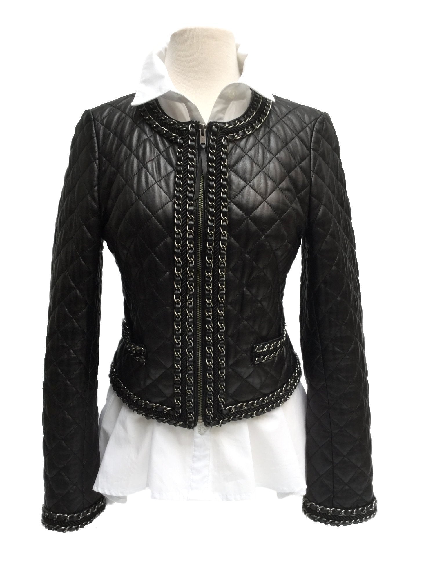Black Quilted Leather Biker Jacket with Chain Trim Around-designer resale
