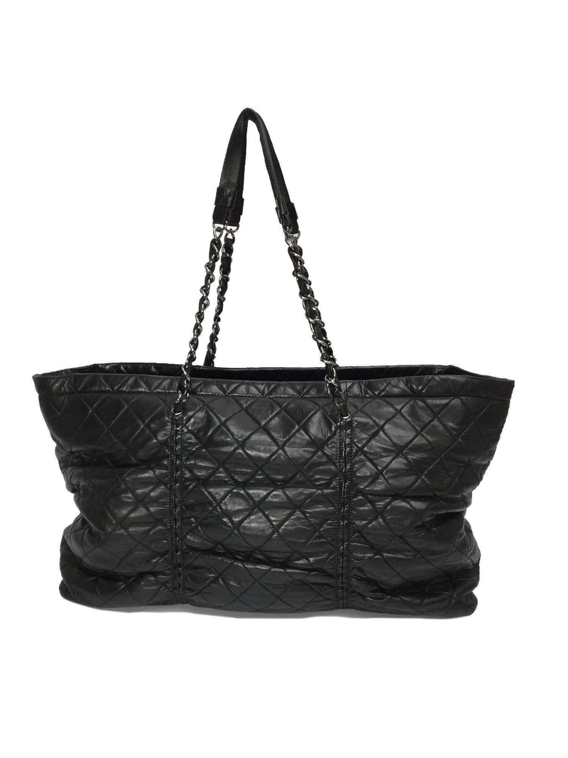 Black Quilted Leather Large Tote Shopper Bag Silver Chain-designer resale