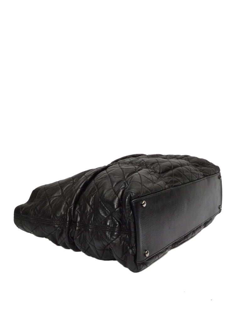 Black Quilted Leather Large Tote Shopper Bag Silver Chain-designer resale