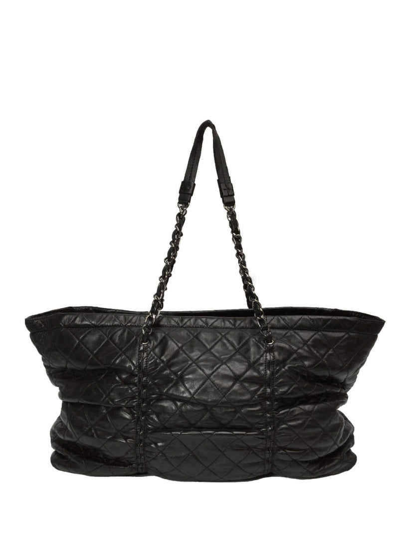 Black Quilted Leather Large Tote Shopper Bag Silver Chain