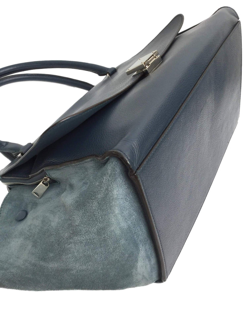 Blue Leather Double Zipper Trapeze Bag-designer resale