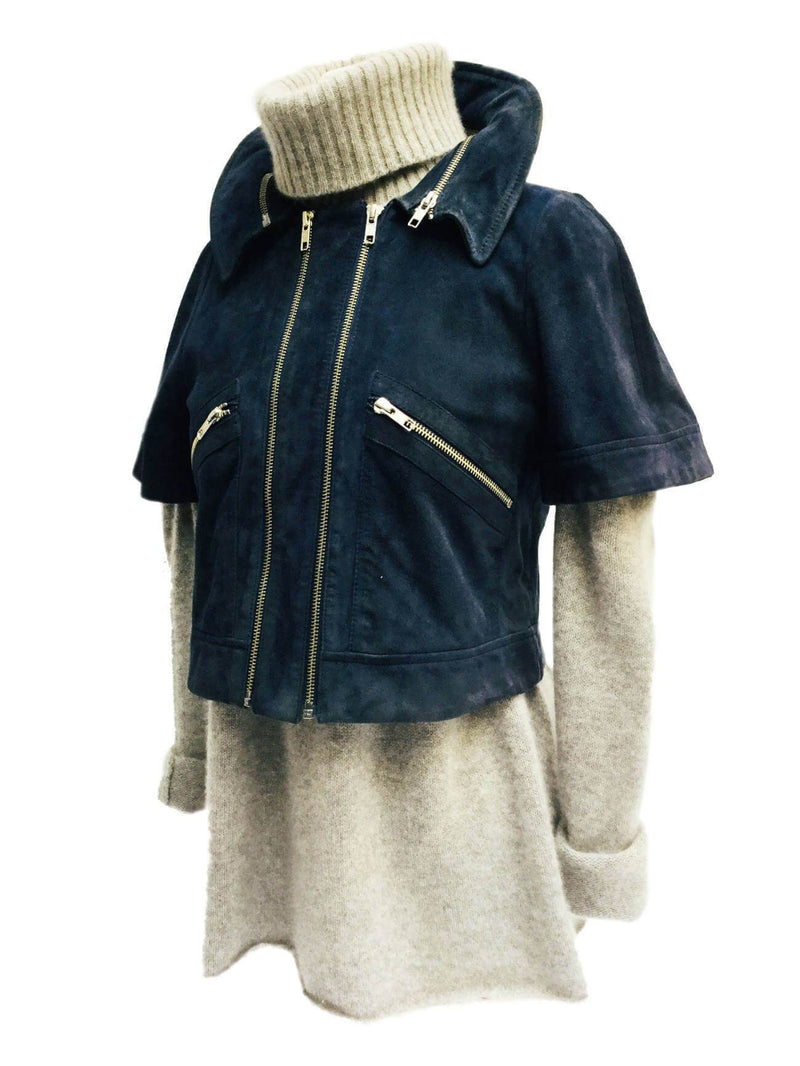 Blue Suede Leather Cropped Biker Jacket Zippers-designer resale