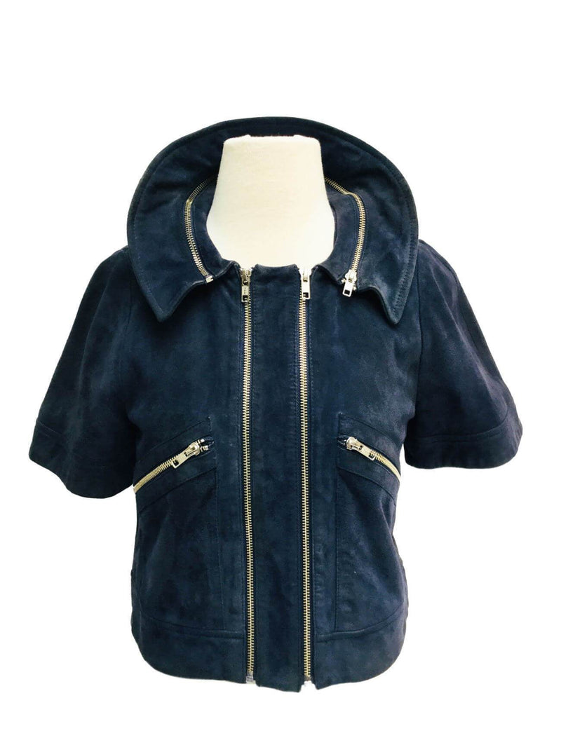 Blue Suede Leather Cropped Biker Jacket Zippers-designer resale