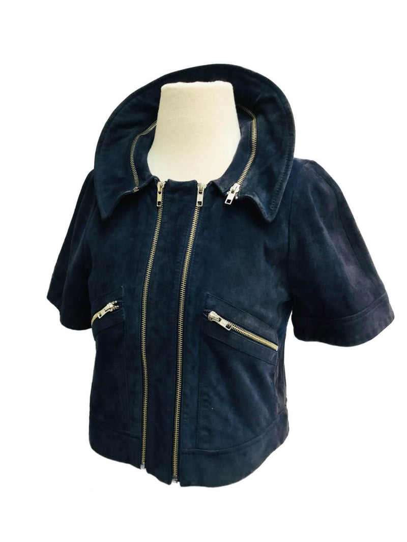 Blue Suede Leather Cropped Biker Jacket Zippers-designer resale
