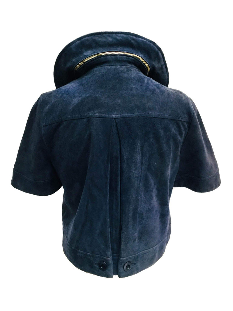 Blue Suede Leather Cropped Biker Jacket Zippers-designer resale