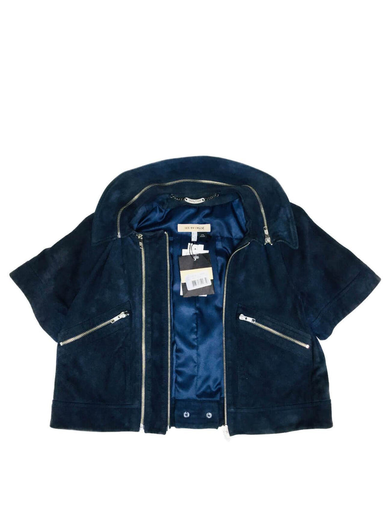 Blue Suede Leather Cropped Biker Jacket Zippers-designer resale