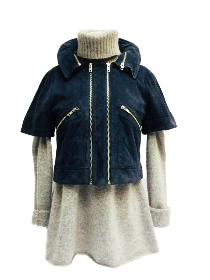 Blue Suede Leather Cropped Biker Jacket Zippers-designer resale