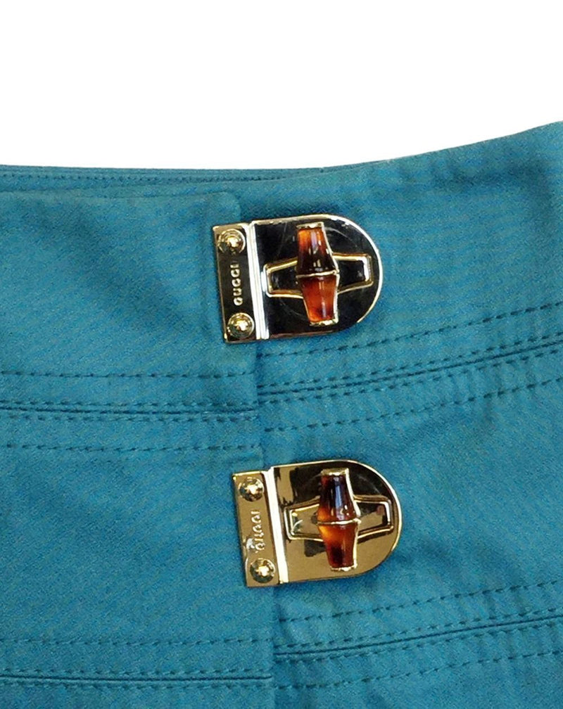 Blue Turquoise Denim Wrap Mini Skirt Bamboo Closure-designer resale