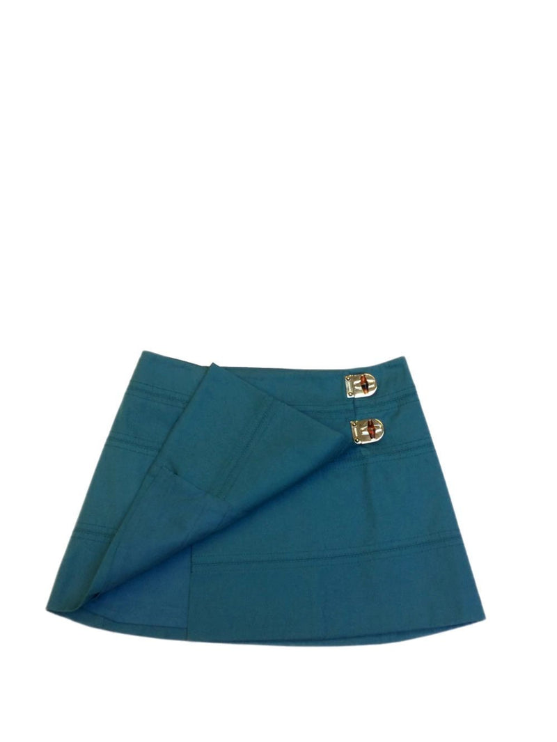 Blue Turquoise Denim Wrap Mini Skirt Bamboo Closure-designer resale
