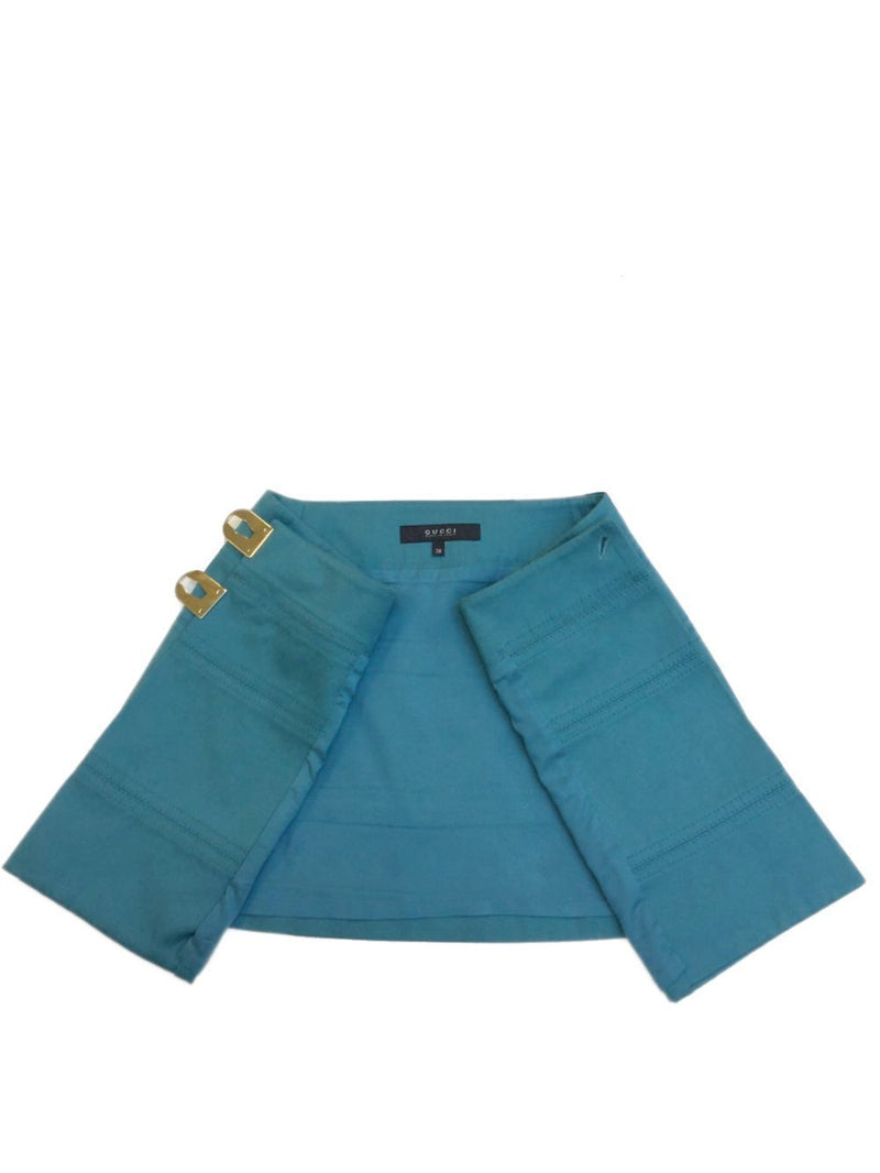 Blue Turquoise Denim Wrap Mini Skirt Bamboo Closure-designer resale