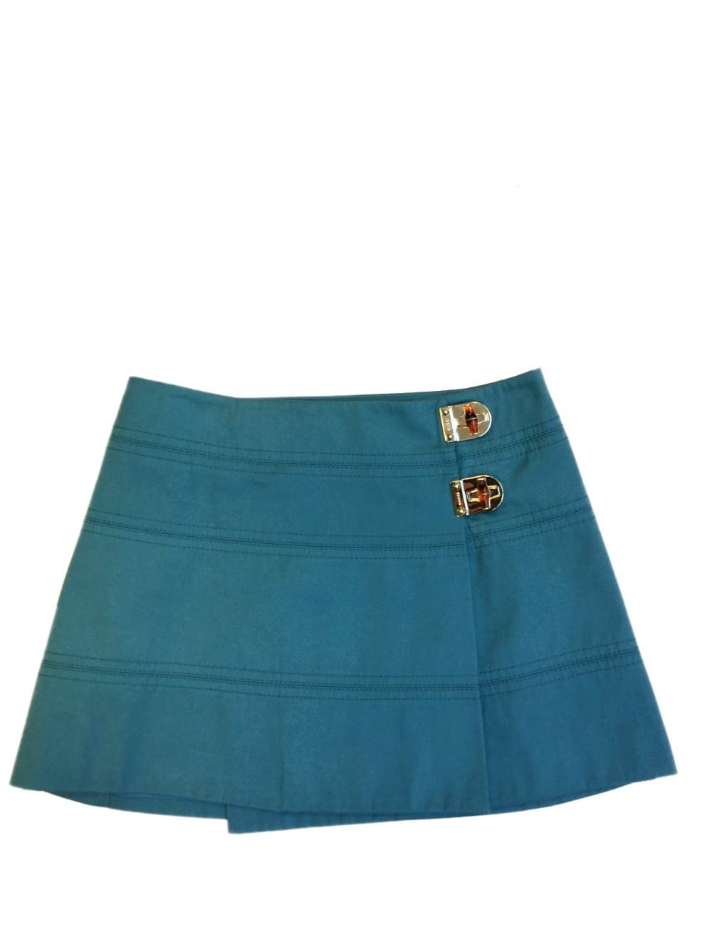 Blue Turquoise Denim Wrap Mini Skirt Bamboo Closure-designer resale