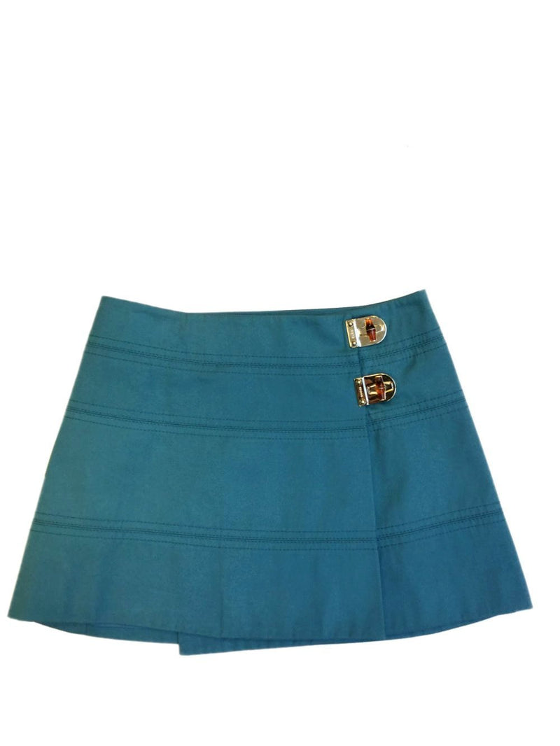 Blue Turquoise Denim Wrap Mini Skirt Bamboo Closure-designer resale