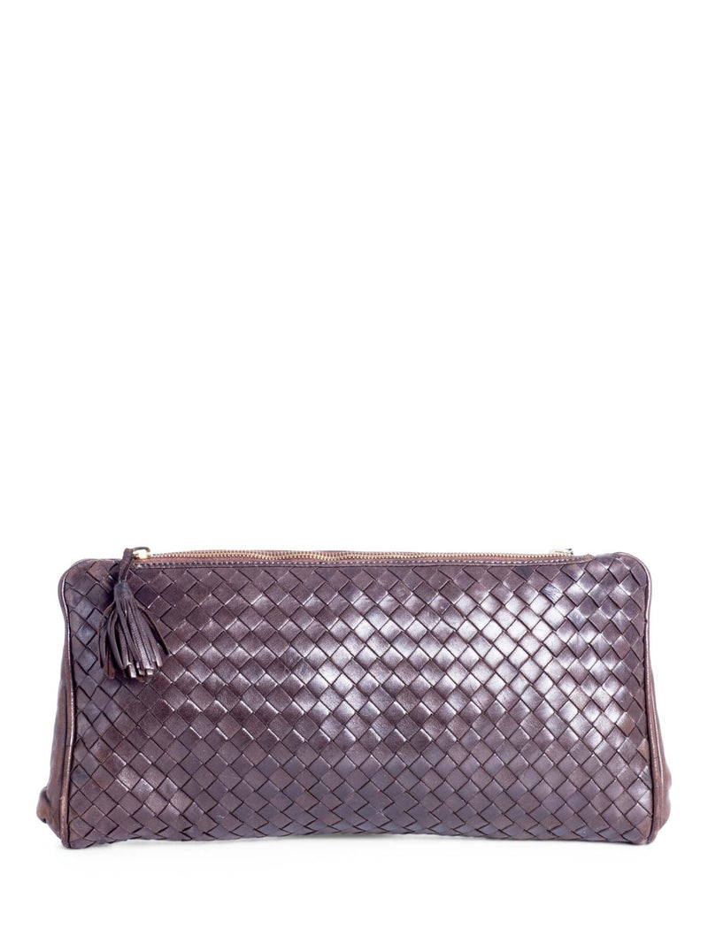Bottega Veneta Lambskin Leather Intrecciato Clutch Bag Brown-designer resale