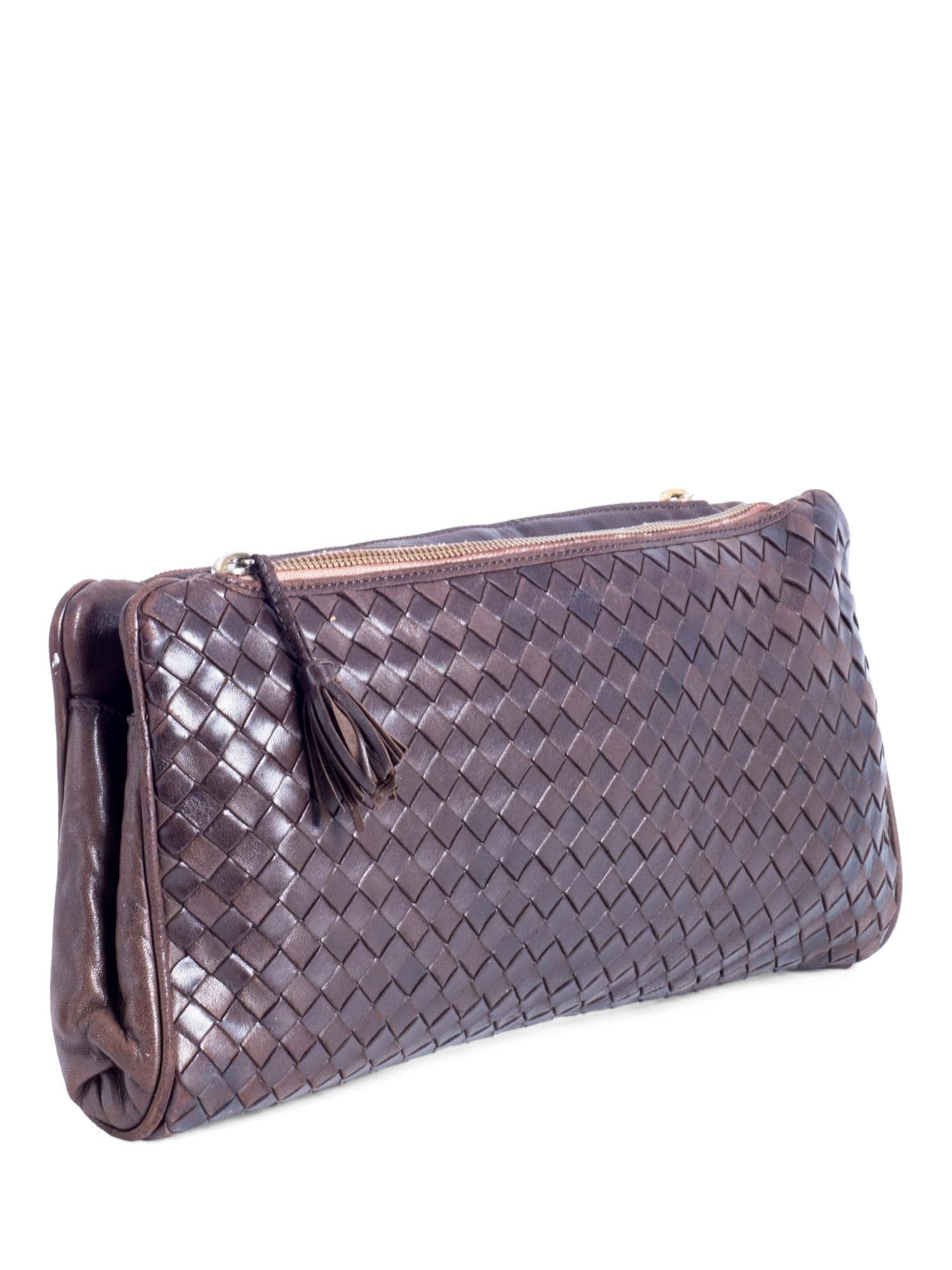 Bottega Veneta Lambskin Leather Intrecciato Clutch Bag Brown-designer resale