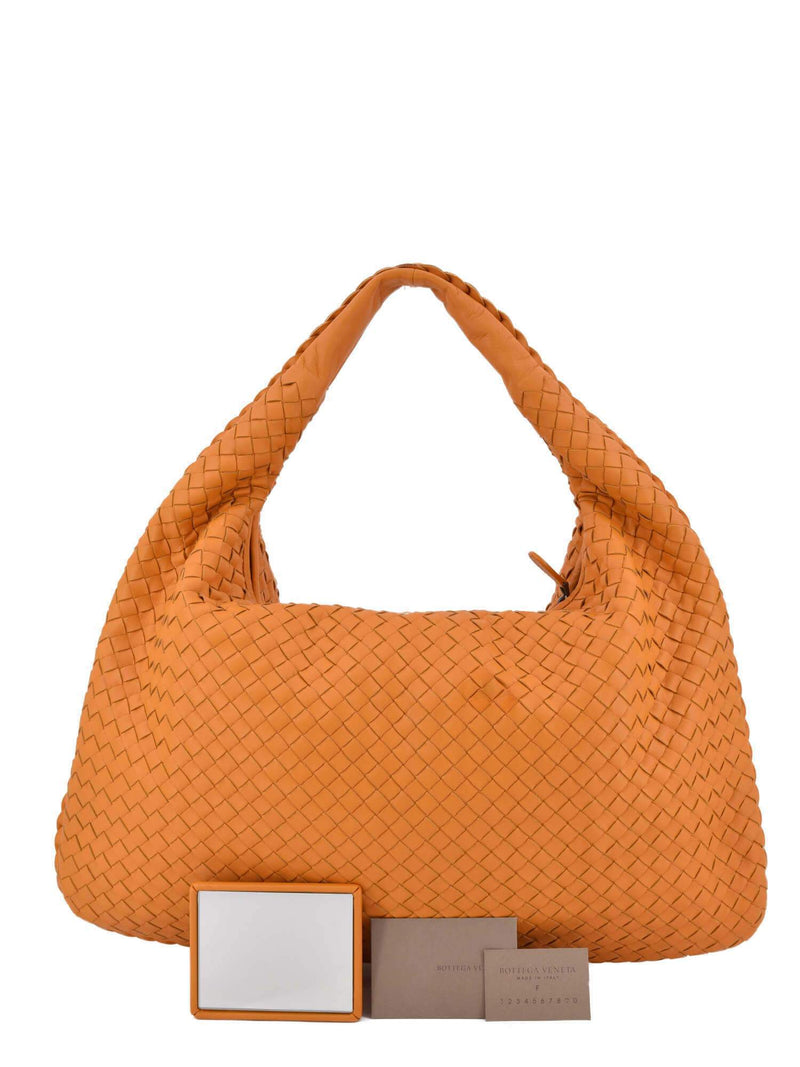 Bottega Veneta Orange Nappa Intrecciato Woven Leather Medium Hobo Bag-designer resale