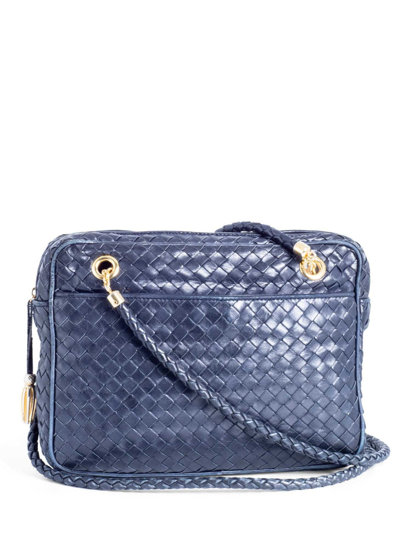 Bottega Veneta Vintage Lambskin Leather Intrecciato Shoulder Bag Navy Blue-designer resale