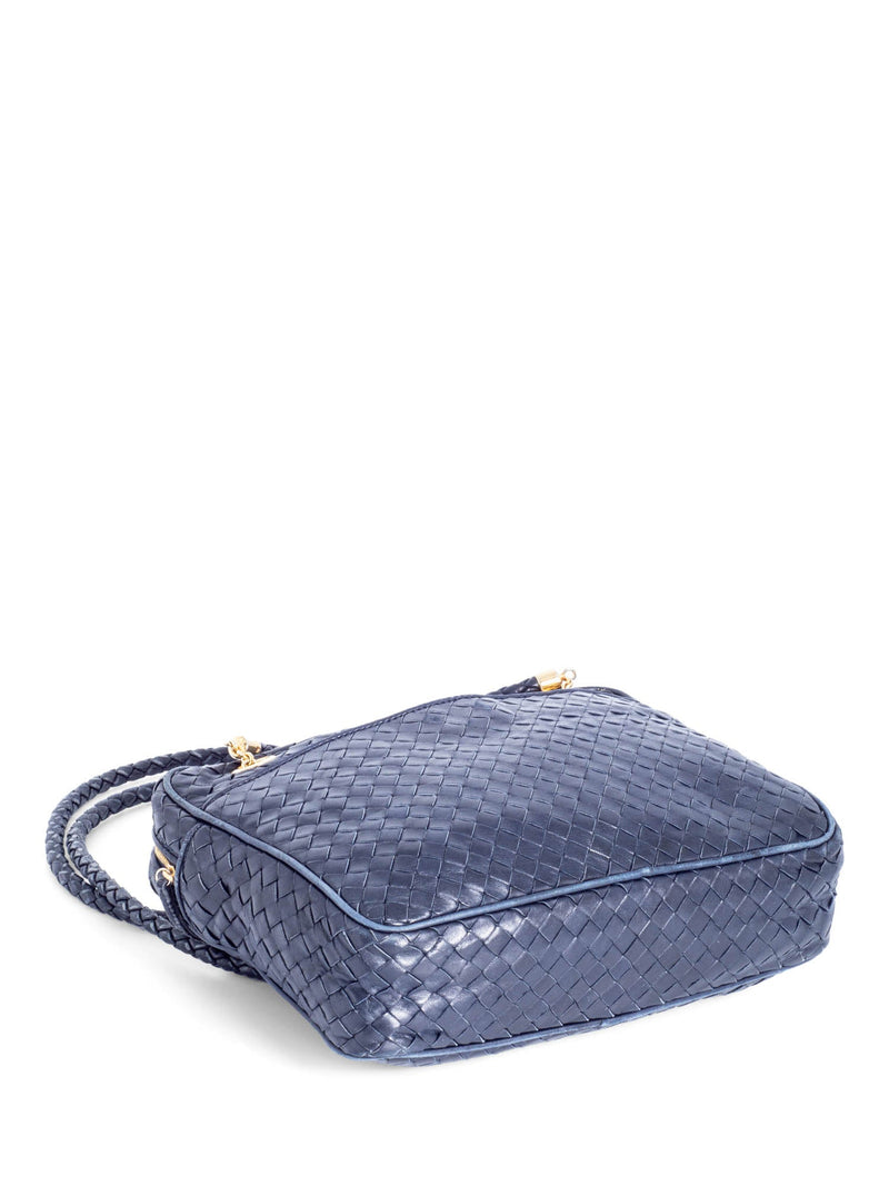 Bottega Veneta Vintage Lambskin Leather Intrecciato Shoulder Bag Navy Blue-designer resale