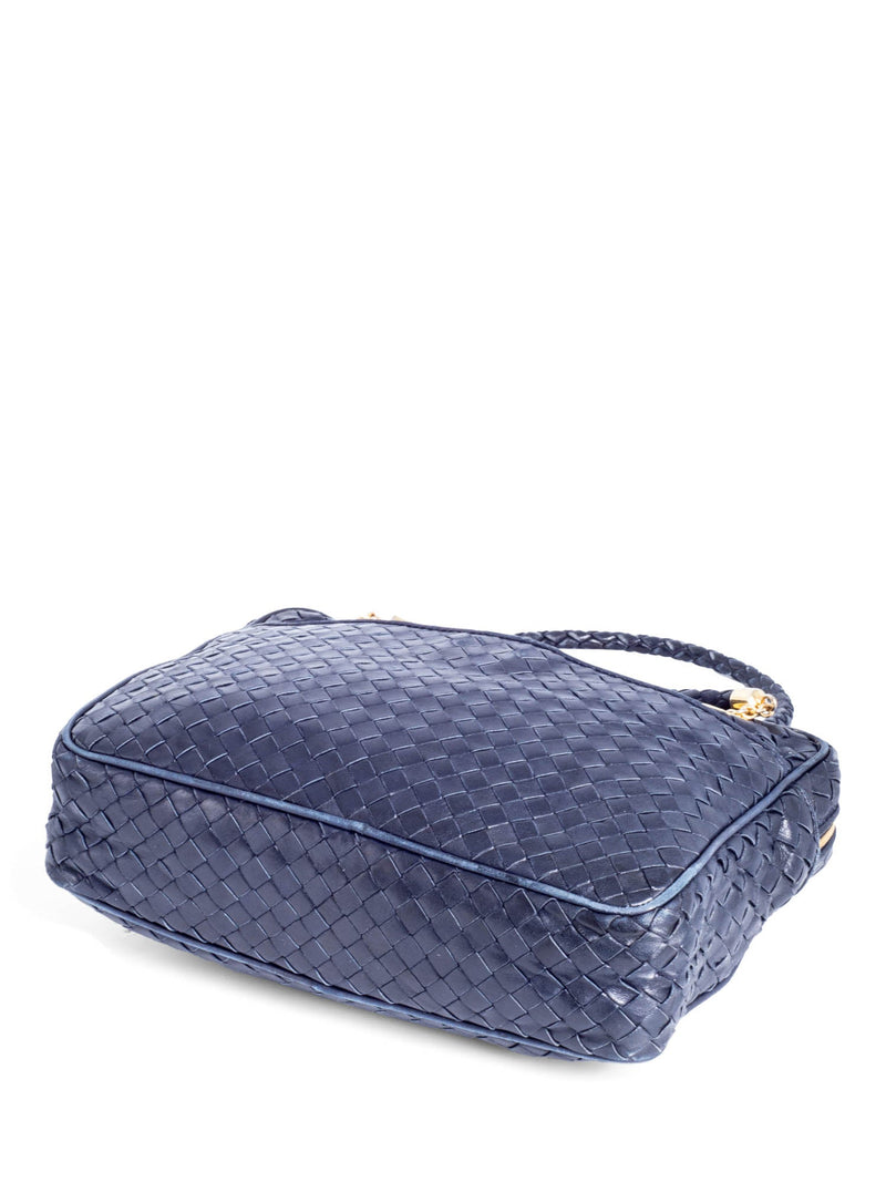 Bottega Veneta Vintage Lambskin Leather Intrecciato Shoulder Bag Navy Blue-designer resale