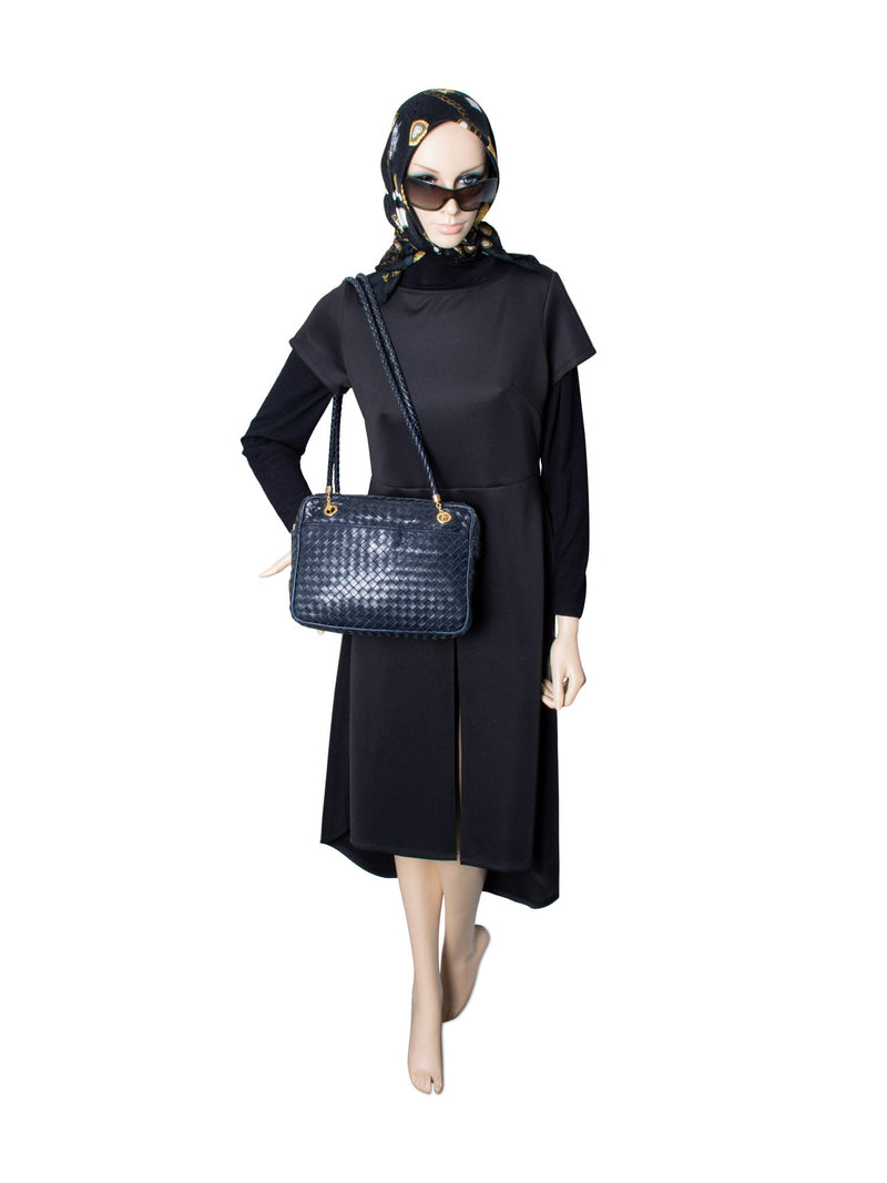 Bottega Veneta Vintage Lambskin Leather Intrecciato Shoulder Bag Navy Blue-designer resale