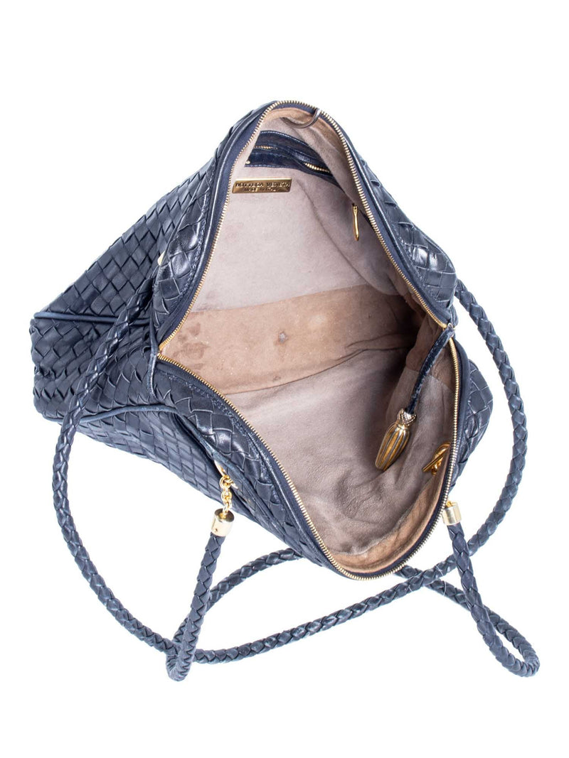 Bottega Veneta Vintage Lambskin Leather Intrecciato Shoulder Bag Navy Blue-designer resale