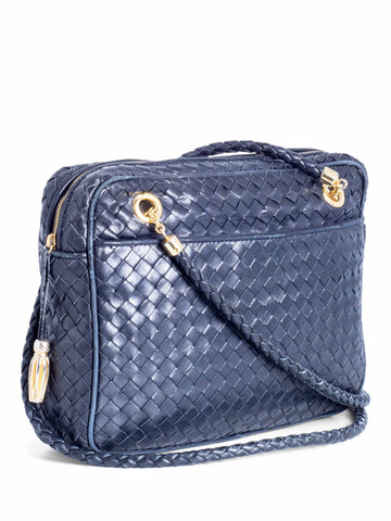 Bottega Veneta Vintage Lambskin Leather Intrecciato Shoulder Bag Navy Blue-designer resale