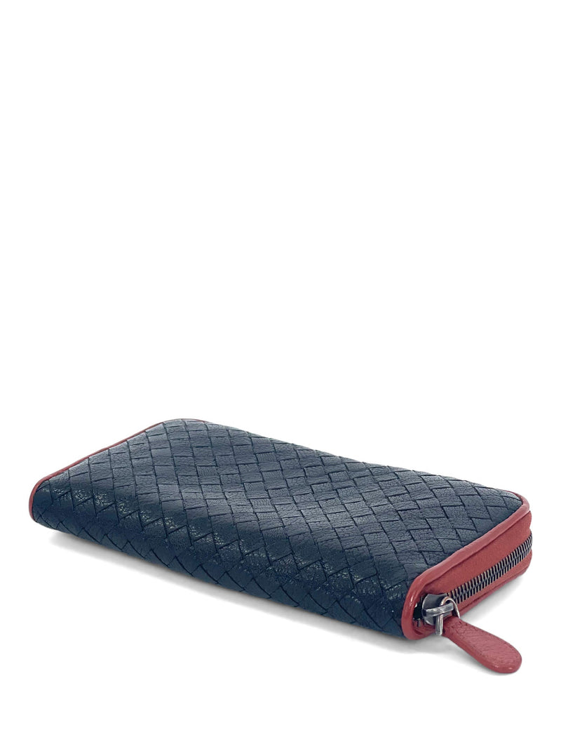 Bottega Veneta Woven Leather Zippy Long Wallet Black Terracotta-designer resale