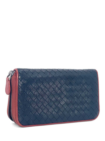 Bottega Veneta Woven Leather Zippy Long Wallet Black Terracotta-designer resale