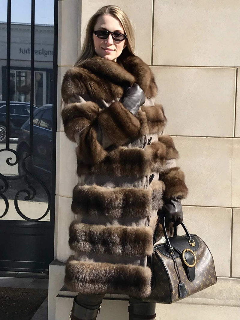 Brown Barguzin Sable Fur Coat with Toggle Closure-designer resale