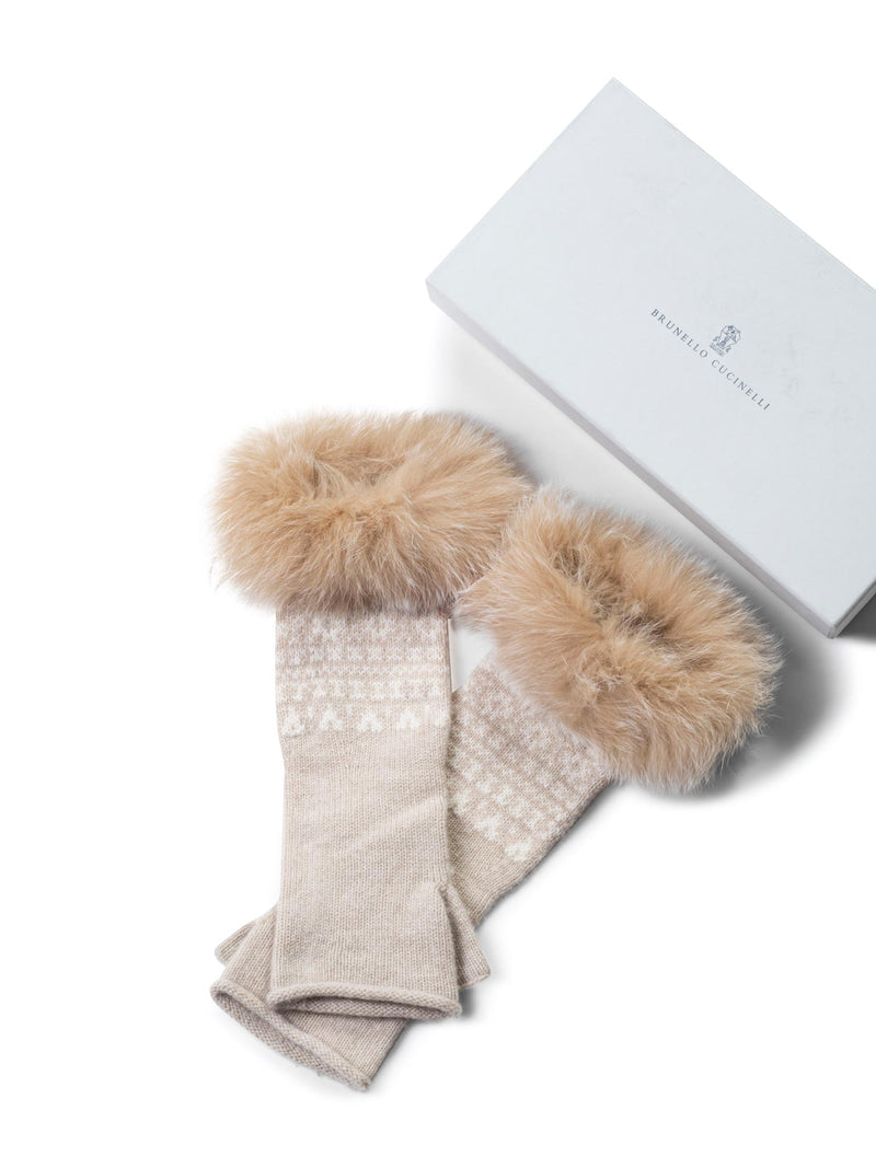 Brunello Cucinell Cashmere Fox Hand Warmer Gloves Beige-designer resale
