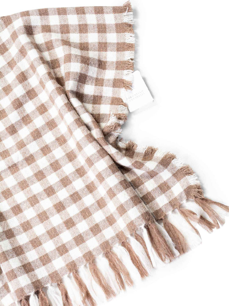 Brunello Cucinelli Cashmere Checkered Fringe Sweater Cape Brown-designer resale