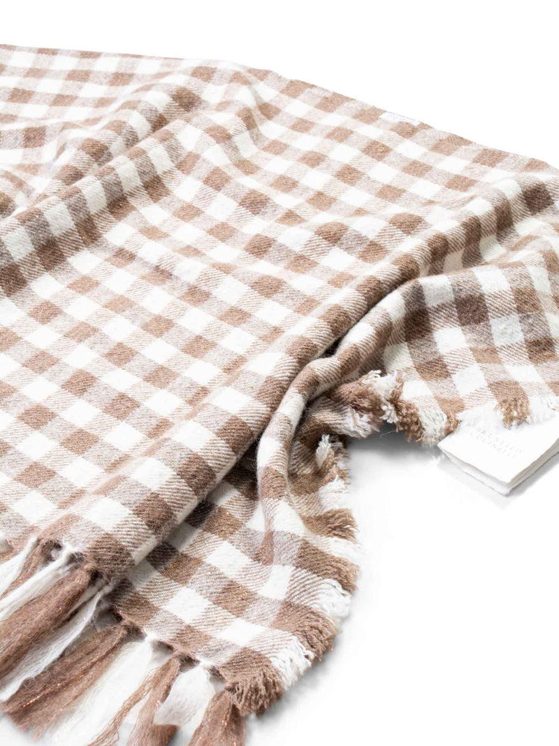 Brunello Cucinelli Cashmere Checkered Fringe Sweater Cape Brown-designer resale