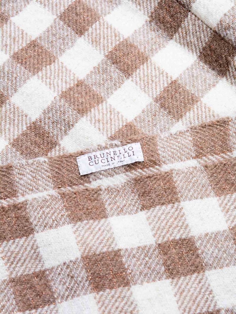 Brunello Cucinelli Cashmere Checkered Fringe Sweater Cape Brown-designer resale
