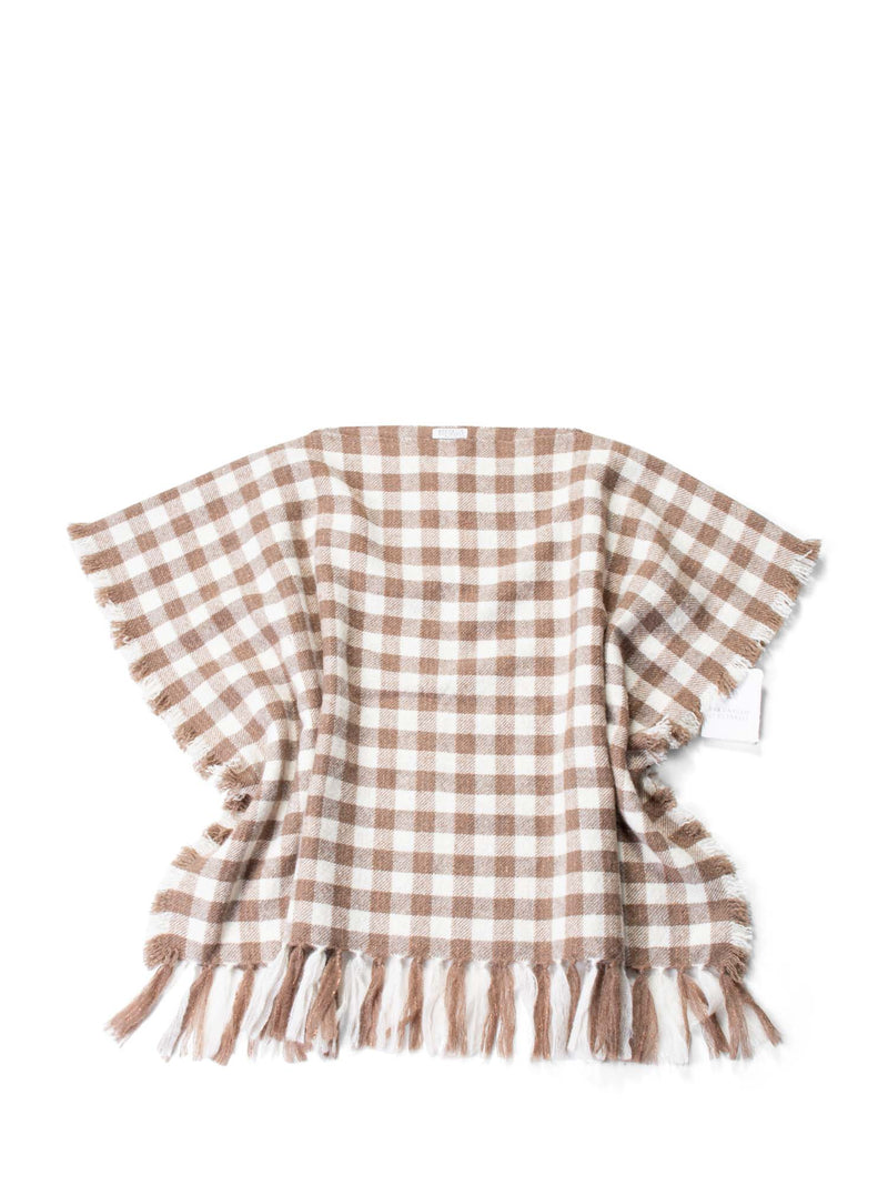 Brunello Cucinelli Cashmere Checkered Fringe Sweater Cape Brown-designer resale