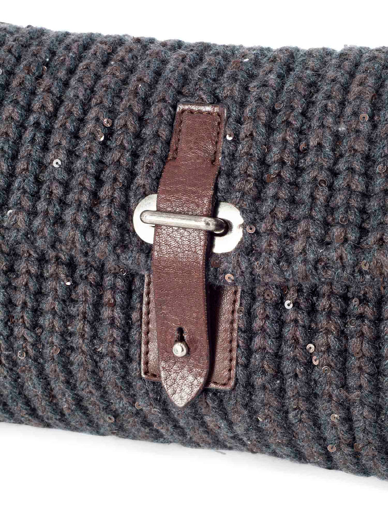 Brunello Cucinelli Knit Sparkles Flap Bag Backpack Grey Brown-designer resale