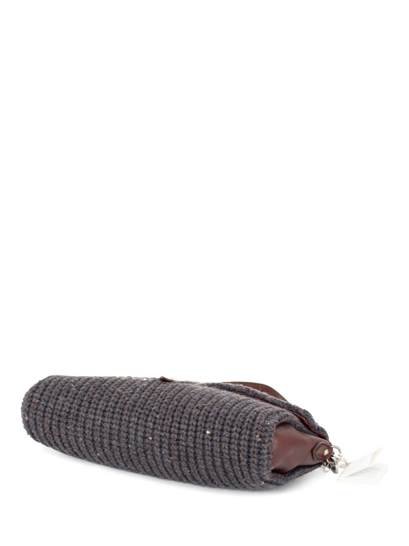 Brunello Cucinelli Knit Sparkles Flap Bag Backpack Grey Brown-designer resale