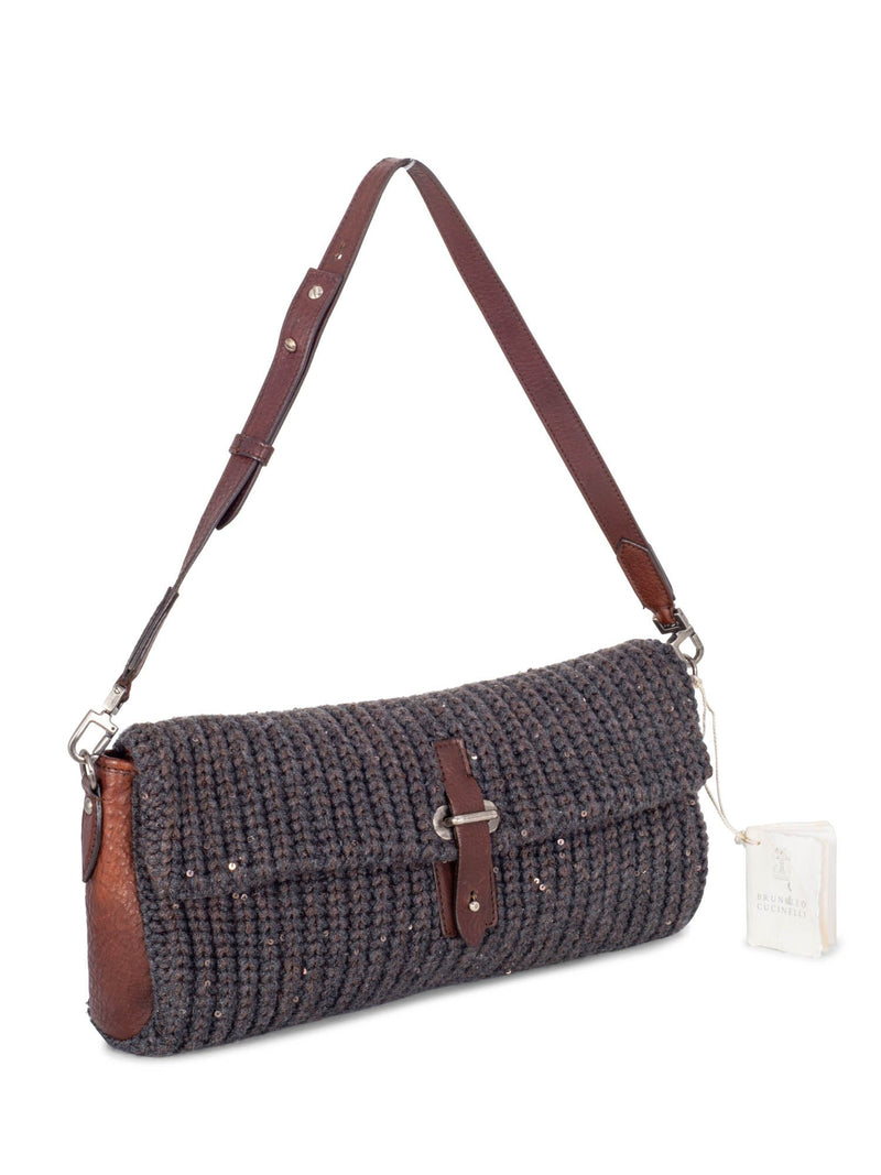 Brunello Cucinelli Knit Sparkles Flap Bag Backpack Grey Brown-designer resale