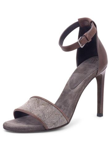 Brunello Cucinelli Leather Monili Ankle Strap Sandals Brown-designer resale
