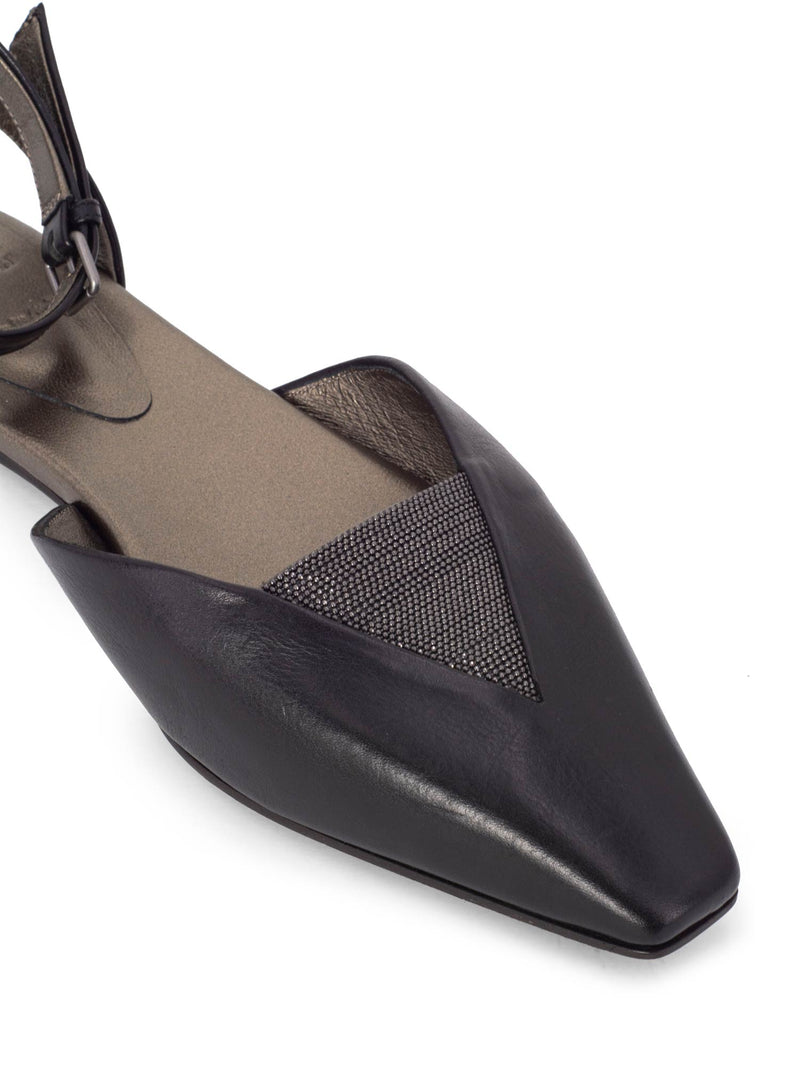Brunello Cucinelli Leather Monili Pointy Toe Flat Shoes Black-designer resale