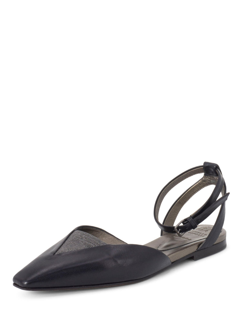 Brunello Cucinelli Leather Monili Pointy Toe Flat Shoes Black-designer resale