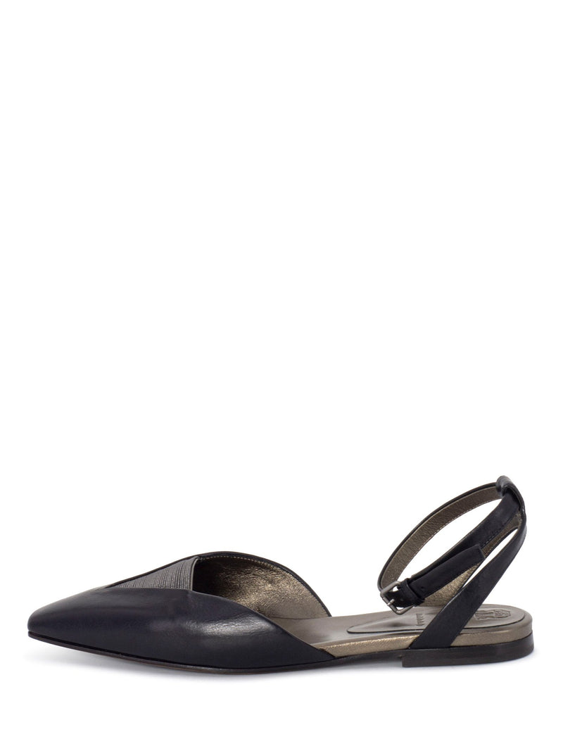 Brunello Cucinelli Leather Monili Pointy Toe Flat Shoes Black-designer resale