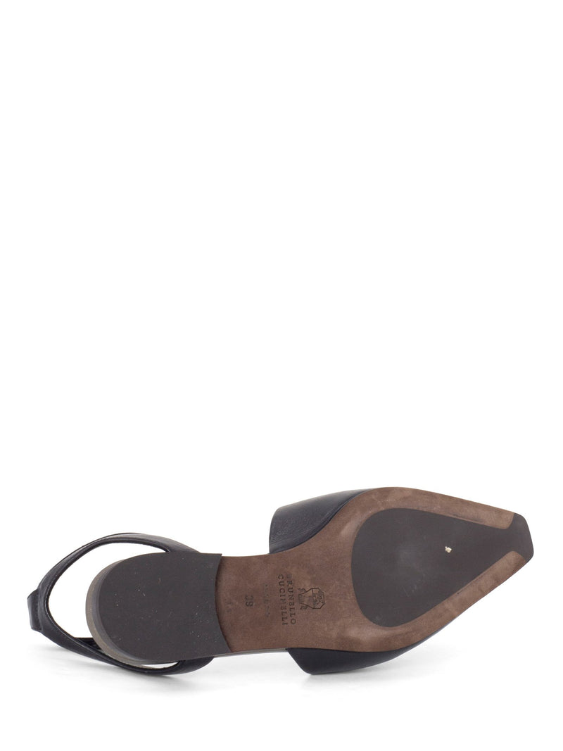 Brunello Cucinelli Leather Monili Pointy Toe Flat Shoes Black-designer resale