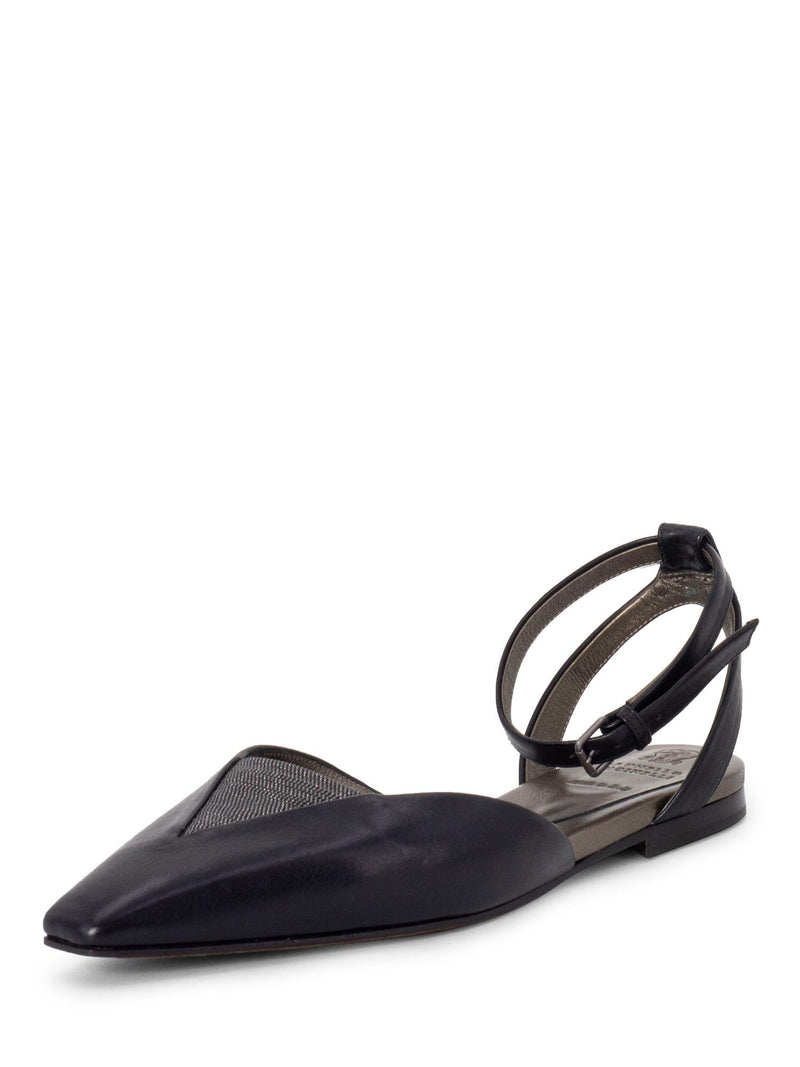 Brunello Cucinelli Leather Monili Pointy Toe Flat Shoes Black-designer resale